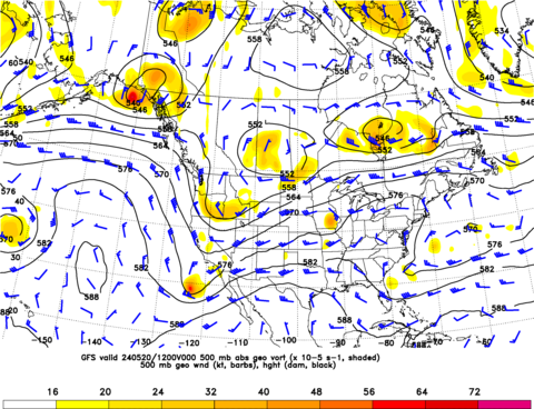 500 mb Geostrophic Vorticity and Height