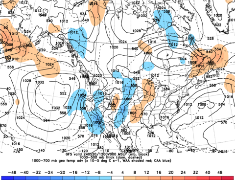 Mean Sea Level Pressure, 1000-500 mb Thickness, Temperature Advection
