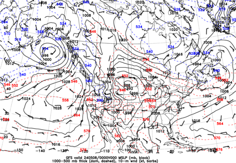 Mean Sea Level Pressure and 1000-500 mb Thickness